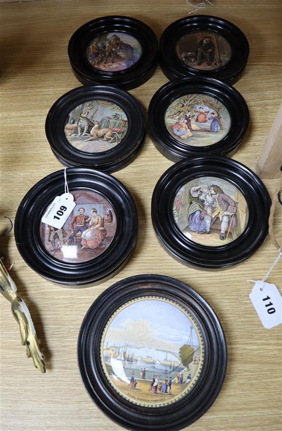 A group of six Victorian framed pot lids
